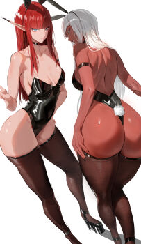 2girls absurdres alternate_costume animal_ears areola_slip arm_strap ass black_choker black_footwear black_leotard black_thighhighs blue_eyes breasts brigitta_(metaphor:_refantazio) choker closed_mouth dark-skinned_female dark_skin dated_commentary fake_animal_ears fake_tail high_heels highleg highleg_leotard highres huge_ass hulkenberg_(metaphor:_refantazio) leotard long_hair looking_at_viewer medium_breasts metaphor:_refantazio multiple_girls narrow_waist parted_lips playboy_bunny pointy_ears rabbit_ears rabbit_tail red_hair rororo sidelocks simple_background smile standing tail thighhighs thighs white_background white_hair wide_hips