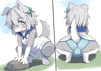 1girl animal_ear_fluff animal_ears aqua_eyes ass barefoot blue_panties blush cameltoe dress feet female_focus from_behind furry furry_female grey_fur grey_hair hair_bobbles hair_ornament kiori_nezumi loli looking_at_viewer multiple_views open_mouth original panties pantyshot rock smile solo squatting tail toes underwear upskirt white_dress