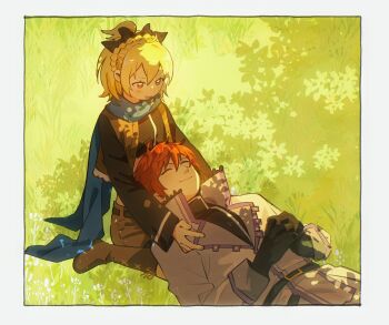 1boy 1girl belt black_bow black_gloves black_shirt blonde_hair blue_scarf blush boots border bow braid brown_vest closed_eyes coat crown_braid dappled_sunlight felt_(re:zero) flower gloves grass hair_bow hands_on_own_stomach highres jacket lap_pillow long_sleeves lying on_back on_grass outdoors own_hands_together re:zero_kara_hajimeru_isekai_seikatsu red_hair reinhard_van_astrea scarf shirt short_hair shorts shukenow sitting sleeping smile sunlight tree_shade vest wariza white_border white_coat