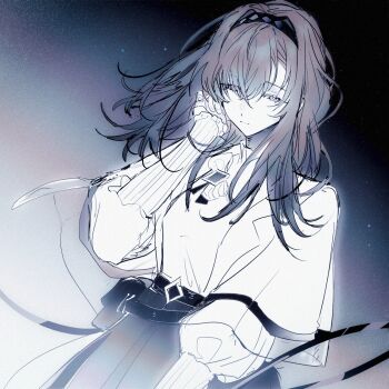 1girl arknights belt black_belt black_hairband black_skirt breasts brown_hair capelet chinese_commentary closed_mouth commentary_request cowboy_shot eyes_visible_through_hair floating_hair hair_intakes hair_over_one_eye hairband hand_in_own_hair hand_up highres long_hair long_sleeves looking_at_viewer medium_breasts one_eye_covered pleated_skirt priestess_(arknights) puffy_long_sleeves puffy_sleeves purple_eyes skirt solo white_capelet yomi_tamashi