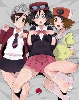 3boys :d :o beanie bed_sheet black_sweater bow bowtie brown_eyes brown_hair calem_(pokemon) closed_mouth collared_shirt cosplay crossdressing crossdressing_(mtf) eyewear_on_headwear grey_hat hands_up hat highres hilbert_(pokemon) lass_(pokemon) lass_(pokemon)_(cosplay) lying male_focus multiple_boys necktie nintendo on_back open_mouth pleated_skirt poke_ball poke_ball_(basic) pokemon pokemon_bw pokemon_swsh pokemon_xy red_hat sana_(37pisana) shirt short_hair skirt smile socks sunglasses sweater victor_(pokemon) white_shirt