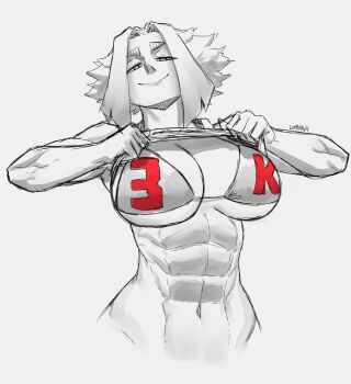 Rule 34 | 1girl, abs, absurdres, bra, breasts, cleavage, clothes lift, greyscale, highres, large breasts, limn044, monochrome, muscular, muscular female, original, roxan (limn044), seductive gaze, shirt lift, smile, underwear