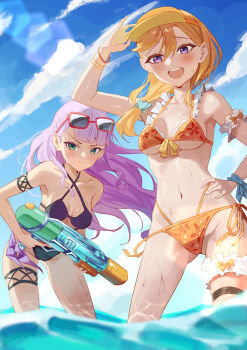 Rule 34 | 2girls, absurdres, arm up, armband, baseball cap, bikini, blue sky, blunt bangs, blush, braid, cloud, cloudy sky, eyewear on head, green eyes, hand on own hip, hat, highres, holding, holding water gun, love live!, love live! superstar!!, multiple girls, navel, ocean, orange hair, ponytail, print bikini, purple eyes, purple hair, ribbon, shibuya kanon, sky, swimsuit, thigh strap, tomi (yktm5477), water gun, wavy hair, wet, wien margarete