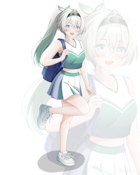 1girl backpack bag black_hairband blue_bag blue_pupils blush cheerleader commentary firefly_(honkai:_star_rail) gradient_hair grey_hair hair_between_eyes hair_intakes hair_ornament hairband highres honkai:_star_rail honkai_(series) long_hair midriff_peek mioovy multicolored_eyes multicolored_hair open_mouth plaid_clothes plaid_skirt ponytail shoes skirt smile solo teeth upper_teeth_only white_shoes