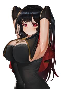 1girl armpits arms_behind_head black_capelet black_dress black_hair blush breasts capelet closed_mouth commentary_request covered_navel dokomon dress fromsoftware gradient_hair hands_in_own_hair highres large_breasts long_hair looking_at_viewer multicolored_hair personification presenting_armpit red_capelet red_eyes red_hair simple_background smile solo strapless strapless_dress two-sided_capelet upper_body white_background you_died