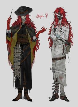 Rule 34 | 2girls, absurdres, aleph (reverse:1999), black cape, black coat, black gloves, black hat, black mask, black shoes, book, boots, brown boots, cape, character name, coat, commentary request, covered face, cracked mask, dual persona, facing viewer, full body, genderswap, genderswap (mtf), gloves, grey background, hands up, hat, highres, holding, holding book, holding wand, long hair, long skirt, merlin (reverse:1999), multiple girls, pants, pants under skirt, red gloves, red hair, reverse:1999, revision, scalpel, shirt, shoes, skirt, standing, surgical scissors, syringe, tool kit, very long hair, wand, white mask, white shirt, white skirt, yi ke mantou