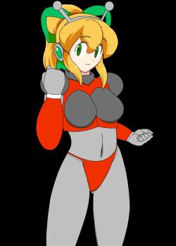 Rule 34 | 1girl, android, armor, assatakku, bikini armor, black background, blonde hair, blue eyes, boots, breasts, clenched hands, closed mouth, commentary request, full body, green eyes, green ribbon, hair ribbon, hairband, hand up, headphones, highres, hyper roll (marvel vs. capcom), joints, knee boots, large breasts, long hair, looking at viewer, marvel vs. capcom, mechanical arms, mechanical boots, mechanical legs, mega man (classic), mega man (series), one eye closed, ponytail, radio antenna, red armor, ribbon, robot, robot girl, robot joints, roll (mega man), shoulder armor, sidelocks, simple background, smile, solo, standing, variant set