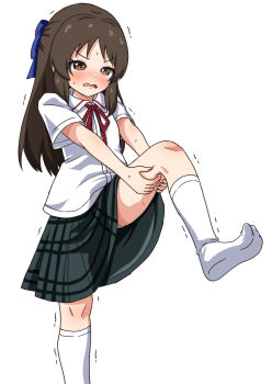 1girl blue_bow blue_eyes blush bow brown_hair choppy_bangs collared_shirt comiching commentary_request foot_out_of_frame grey_skirt hair_bow half_updo highres idolmaster idolmaster_cinderella_girls leg_up long_hair neck_ribbon no_shoes nose_blush open_mouth panties panty_peek pantyshot pleated_skirt red_ribbon ribbon school_uniform shirt short_sleeves simple_background skirt socks solo standing standing_on_one_leg sweat tachibana_arisu underwear v-shaped_eyebrows wavy_mouth white_background white_panties white_shirt white_socks wing_collar