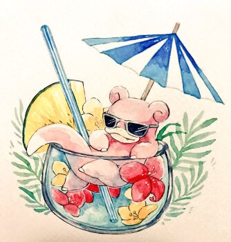 commentary_request cup drinking_straw fangs flower food food_focus fruit full_body gen_1_pokemon hibiscus in_container in_cup mint_nappa nintendo no_humans painting_(medium) pineapple pineapple_slice pokemon pokemon_(creature) slowpoke solo sunglasses traditional_media umbrella watercolor_(medium)