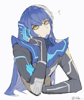 Rule 34 | 1boy, androgynous, armor, black bodysuit, blue armor, blue gloves, blue hair, bodysuit, chin guard, closed mouth, cropped torso, elbow rest, gloves, hand on own arm, hand on own cheek, hand on own face, hand up, hashtag-only commentary, head rest, highres, long hair, looking to the side, male focus, notice lines, protagonist (aogami nahobino) (smtv), protagonist (smtv), shin megami tensei, shin megami tensei v, solo, upper body, very long hair, yellow eyes, yinke