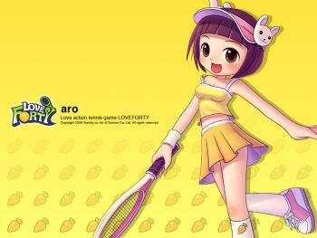 Rule 34 | 1girl, 2006, :d, animal ornament, artist name, bare arms, blunt bangs, blush, bob cut, breasts, brown eyes, brown hair, carrot, carrot background, carrot print, character name, commentary, company name, copyright name, crop top, cross-laced shoes, dated, dot nose, drop shadow, food print, hat ornament, knee blush, kneehighs, leg up, logo, love forty, medium breasts, midriff, miniskirt, official art, official wallpaper, open mouth, orange skirt, pink shoes, pink visor, pleated skirt, rabbit hat ornament, rabbit ornament, racket, shoes, short hair, simple background, skirt, smile, sneakers, socks, solo, standing, standing on one leg, tank top, tennis racket, tennis skirt, third-party source, tongue, visor cap, white shoes, white socks, wristband, yellow tank top, yellow theme