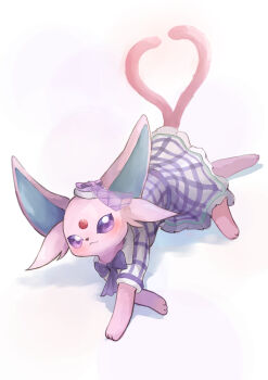 Rule 34 | absurdres, animal, animal focus, blush, bright pupils, closed mouth, dress, espeon, espeon (checkered), forehead jewel, forked tail, gen 2 pokemon, hat, highres, illustrattyako, nintendo, pokemon, pokemon (creature), pokemon unite, purple dress, shadow, sidelocks, smile, solo, tail, two-tone dress, white dress, white pupils