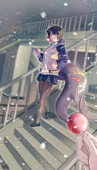 1girl 1other absurdres alternate_costume black_choker black_hair black_shoes blue_skirt blush brown_pantyhose candy choker closed_mouth colored_inner_hair commentary_request ellen_joe fins fish_tail food grey_sweater hand_in_pocket highres holding holding_candy holding_food holding_lollipop holding_phone lollipop mole mole_under_eye multicolored_hair outdoors pantyhose phone pov pov_hands railing razor_blade_hair_ornament red_eyes red_nails scar scar_on_tail shark_girl shark_tail shirt shoes short_hair skirt snowing stairs sweater sweater_vest tail wg_(dotori287) white_shirt zenless_zone_zero