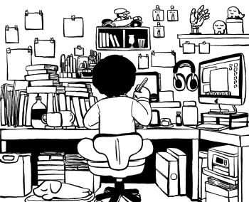 1boy animal arawi_keiichi book bottle chair closed_eyes commentary_request cup dog drinking_glass from_behind full_body greyscale headphones highres holding holding_pen imac indoors long_sleeves male_focus monitor monochrome original pen printer shelf shirt short_hair sitting sleeping solo table