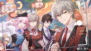 2boys 2girls 3boys balloon beret black_hair blue_eyes brown_hair caelus_(honkai:_star_rail) collared_shirt dan_heng_(honkai:_star_rail) glasses grey_hair hair_between_eyes hat holding honkai:_star_rail honkai_(series) jacket kangetsu_(fhalei) long_hair long_sleeves looking_at_viewer march_7th_(honkai:_star_rail) monkey multicolored_eyes multiple_boys multiple_girls necktie open_mouth pink_eyes pink_hair red_necktie shirt short_hair smile stelle_(honkai:_star_rail) stuffed_animal stuffed_toy trailblazer_(honkai:_star_rail) v vest viewfinder watermark weibo_username weibo_watermark white_shirt yellow_eyes