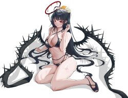Rule 34 | 1girl, absurdres, bags under eyes, bikini, black bikini, black footwear, black hair, black wings, blood, blood halo, blue archive, blush, breasts, chinese commentary, cleavage, commentary request, criss-cross halter, flower, hair flower, hair ornament, halo, halterneck, highres, large breasts, liquid halo, liuli xiao, long hair, looking at viewer, low wings, melting halo, navel, official alternate costume, ponytail, red eyes, red halo, sandals, simple background, solo, swimsuit, tsurugi (blue archive), tsurugi (swimsuit) (blue archive), very long hair, white background, wings