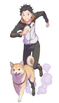 1boy :d artist_request black_hair black_pants black_shoes dog full_body grin highres jacket leash long_sleeves male_focus natsuki_subaru open_mouth pants raglan_sleeves re:zero_kara_hajimeru_isekai_seikatsu running second-party_source shiba_inu shoes short_hair simple_background smile sneakers solo teeth tongue tongue_out white_background zipper