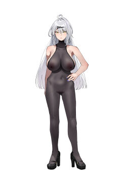 1girl absurdres ahoge bairimeng bare_arms black_shoes bodystocking breasts commentary_request covered_erect_nipples covered_navel full_body hand_on_own_hip high_heels highres large_breasts long_hair looking_at_viewer revision shoes simple_background sleeveless sleeveless_turtleneck solo standing turtleneck variant_set white_background white_hair yellow_eyes yixuan_(zenless_zone_zero) zenless_zone_zero