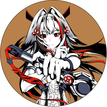 1girl :3 absurdres armlet bare_shoulders brown_background brown_hair china_dress chinese_clothes closed_mouth clover clover_hair_ornament commentary_request dress droopy_ears hair_ornament hairband highres holding holding_sword holding_weapon jewelry long_hair metal_bracelet nanguibeijiang qingming_sword red_eyes silver_armlet solo sword transformation upper_body weapon white_background white_hair white_hairband ye_shunguang zenless_zone_zero