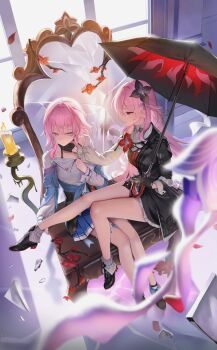 2girls absurdres black_dress black_gloves black_shoes black_umbrella blue_jacket blue_skirt breasts candle collarbone commentary crack cracked_glass dress evernight_(honkai:_star_rail) evey_(honkai:_star_rail) gloves hand_on_another&#039;s_chin highres holding holding_umbrella honkai:_star_rail honkai_(series) indoors jacket long_hair march_7th_(honkai:_star_rail) medium_breasts mirror momyong multiple_girls parted_lips pink_hair pleated_skirt red_eyes shirt shoes sitting skirt stroking_another&#039;s_chin symbol-only_commentary umbrella white_shirt yuri