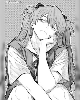 1girl commentary greyscale hatching_(texture) head_rest head_tilt highres interface_headset_(evangelion) linear_hatching monochrome neon_genesis_evangelion pillarboxed school_uniform seveninks sitting solo souryuu_asuka_langley tokyo-3_middle_school_uniform two_side_up