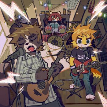 1girl 2boys acoustic_guitar amplifier animal_ears bass_guitar bear_boy bear_ears drum drum_set fox_boy fox_ears fox_tail furrification furry furry_female furry_male guitar highres holding holding_guitar holding_instrument instrument kim_pine lightning_bolt_symbol microphone microphone_stand multiple_boys red_panda_ears red_panda_girl scott_pilgrim scott_pilgrim_(series) stephen_stills tail xinxinbird