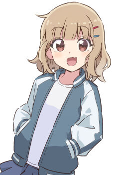 1girl alternate_costume blonde_hair blue_jacket blue_skirt brown_eyes chikuwa_(majihima) commentary_request fang hair_ornament hairclip hands_in_pockets highres jacket long_sleeves oomuro_sakurako open_mouth pleated_skirt shirt short_hair skirt solo sukajan upper_body white_background white_shirt yuruyuri