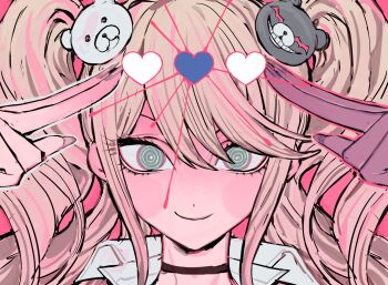 1girl @_@ bear_hair_ornament blonde_hair brown_choker choker commentary danganronpa:_trigger_happy_havoc danganronpa_(series) drill_hair enoshima_junko fingernails green_eyes hair_ornament hands_up highres index_finger_raised long_hair muleungdowon_(display6789) nail_polish portrait sharp_fingernails shirt smile symbol-only_commentary twin_drills twintails white_shirt