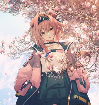 1girl :d animal_ears arknights black_choker black_skirt bow braid branch cat_tail choker coat collarbone commentary corrupted_twitter_file cowboy_shot day ev-oo flower goldenglow_(arknights) hair_between_eyes hair_bow highres long_hair looking_at_viewer object_in_pocket open_clothes open_coat open_mouth outdoors pink_coat pink_flower pink_hair pocket purple_bow revision shirt shirt_tucked_in skirt smile solo standing symbol-only_commentary tail white_shirt wind yellow_eyes