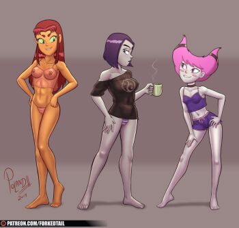 2019 3girls blush_stickers breasts cartoon_network colored_skin covered_erect_nipples crop_top curvy dc_comics female_focus forkedtail green_eyes grey_skin jinx_(dc) koriand'r medium_breasts midriff multiple_girls nipples off_shoulder orange_skin panties pink_eyes pink_hair purple_hair raven_(dc) red_hair see-through_clothes shirt short_shorts shorts small_breasts starfire t-shirt teen_titans underwear wide_hips