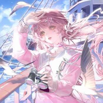Rule 34 | 1girl, arm up, binoculars, bird, blue sky, boat, bracelet, camera, choker, cloud, day, facial mark, floating hair, green eyes, hair ornament, hair ribbon, hairclip, highres, holding, holding camera, jewelry, long hair, long sleeves, looking at viewer, ocean, open mouth, original, outdoors, parted lips, pink choker, pink hair, pink shirt, ribbon, sailor collar, school uniform, seagull, ship, shirt, sky, solo, star (symbol), star hair ornament, star symbol, tai01, twintails, upper body, watercraft, white ribbon, wind