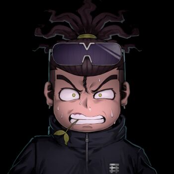 Rule 34 | 1boy, angry, batten xxxx, black background, black jacket, clenched teeth, dreadlocks, earrings, eyewear on head, gums, hashtag-only commentary, highres, jacket, jewelry, looking at viewer, male focus, mita santarou, mouth hold, nervous sweating, ponytail, scared, short hair, sideburns, simple background, solo, stalk in mouth, sweat, teeth, tribe nine, upper body, v-shaped eyebrows, yellow eyes, zipper pull tab