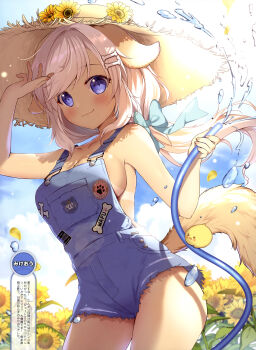 1girl absurdres animal_ears armpit_crease artist_name baby_animal bird blue_bow blue_eyes blush bone_hair_ornament bow breasts chick cleavage closed_mouth collarbone cutoffs dengeki_moeoh denim denim_overalls dog_ears dog_girl dog_tail flower hair_bow hair_ornament hand_up hat hat_flower highres holding holding_hose hose long_hair looking_at_viewer looking_down magazine_scan medium_breasts mikeou naked_overalls no_bra original overall_shorts overalls ponytail scan shade shiny_skin sideboob sidelocks smile solo sun_hat sunflower swept_bangs tail tan tanline third-party_source translation_request water
