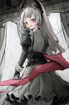 1girl ambience_synesthesia apron arknights black_gloves blush commentary cowboy_shot embarrassed frills gloves grey_apron grey_eyes grey_hair grey_pantyhose highres irene_(arknights) irene_(voyage_of_feathers)_(arknights) juliet_sleeves kari90909 long_hair long_sleeves looking_at_viewer maid maid_apron official_alternate_costume open_mouth pantyhose ponytail puffy_sleeves scar scar_across_eye scar_on_face solo standing turning_head