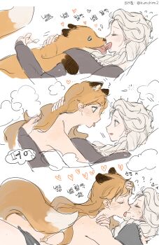 2girls absurdres animal_ears animalization anna_(frozen) blush clothed_female_nude_female commentary_request elsa_(frozen) fox_ears fox_girl fox_tail frozen_(disney) frozen_1022 hand_on_another&#039;s_back heart highres incest kemonomimi_mode korean_commentary korean_text kunchim2_cat_transformation_template_(meme) licking licking_another&#039;s_face long_hair meme multiple_girls nude orange_hair saliva siblings sisters smile tail tongue tongue_out transformation translation_request white_hair yuri
