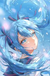 Rule 34 | 1girl, absurdres, blue eyes, blue hair, eyelashes, floating hair, hair between eyes, hair ribbon, hatsune miku, heart, heart-shaped pupils, highres, kinakomocci518, long hair, looking at viewer, looking back, parted lips, petals, red ribbon, ribbon, sidelocks, solo, symbol-shaped pupils, twintails, upper body, very long hair, vocaloid, water