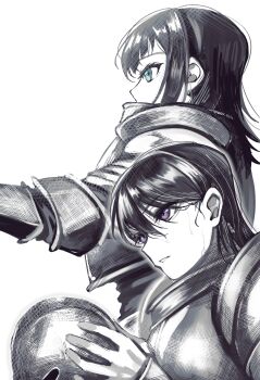 2girls armor bang_dream! bang_dream!_it's_mygo!!!!! black_hair blue_eyes commentary doki_(oox3o) hair_between_eyes helmet highres holding holding_unworn_helmet knight medium_hair multiple_girls purple_eyes shiina_taki sidelocks simple_background spot_color sweat unworn_headwear unworn_helmet white_background yahata_umiri