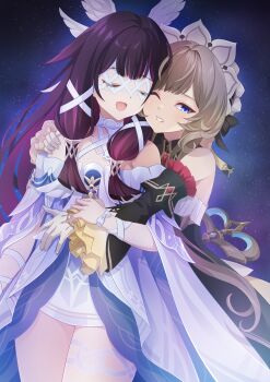 2girls 440_(straight440) :d absurdres bare_shoulders black_dress black_sleeves blue_eyes brown_hair closed_eyes columbina_(genshin_impact) commentary detached_sleeves dress english_commentary eye_mask frilled_sleeves frills genshin_impact gloves hand_on_another's_arm hand_on_another's_shoulder head_wings headdress highres hug hug_from_behind long_hair mask multiple_girls night one_eye_closed open_mouth purple_hair sandrone_(genshin_impact) sky smile star_(sky) starry_sky white_dress white_gloves winding_key wings yuri