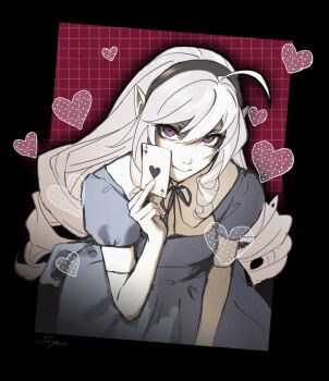 1girl ahoge alternate_costume artist_name between_fingers black_background black_hairband black_ribbon blue_dress card card_between_fingers checkered_background commentary dress drill_hair hair_between_eyes hairband heart highres holding holding_card leaning_forward long_hair looking_at_viewer mole mole_under_eye neck_ribbon pointy_ears purple_eyes purple_hair red_background ribbon smile smyecc solo upper_body vivian_banshee zenless_zone_zero