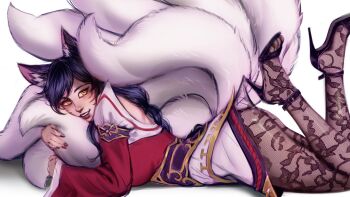 1girl ahri_(league_of_legends) animal_ears ass black_hair breasts brown_pantyhose detached_sleeves facial_mark fox_ears fox_girl fox_tail from_side high_heels highres hooked_on_heel hugging_own_tail hugging_tail lace_pantyhose lace_pantyhose_hooked_on_heel_(meme) large_breasts league_of_legends long_hair looking_at_viewer lying meme multiple_tails on_stomach pantyhose ricefarmer272 simple_background smile solo tail whisker_markings white_background yellow_eyes