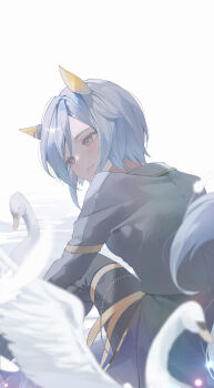 Rule 34 | 1girl, absurdres, bird, black jacket, black pants, blue eyes, blue hair, blurry, blurry foreground, blush, commentary request, ear covers, feet out of frame, highres, horse girl, horse tail, jacket, k.s.miracle (umamusume), knees up, long sleeves, looking to the side, pants, sitting, smile, solo, swan, tail, umamusume, yogukasu