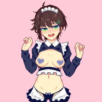 1girl animated animated_gif areola_slip blinking blush bow bow_panties breasts brown_hair embarrassed green_eyes hair_ornament hairclip hanekenomichi-chan heart_pasties hurumero long_sleeves looking_at_viewer maid_headdress messy_hair navel open_mouth original panties pasties pink_background pixel_art reverse_outfit short_hair shrug_(clothing) simple_background solo stomach string_panties teeth tongue tsurime underwear
