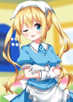 1girl apron blend_s blonde_hair blue_dress blue_eyes blurry blurry_background blush breasts buttons collared_dress commentary_request crossed_arms dress frilled_apron frills gloves headscarf highres hinata_kaho long_hair looking_at_viewer medium_breasts one_eye_closed open_mouth puffy_short_sleeves puffy_sleeves ruu_(tksymkw) short_sleeves sidelocks solo sweat twintails upper_body waist_apron white_apron white_gloves white_headscarf