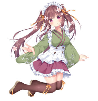 1girl apron blush breasts brown_hair brown_sandals brown_skirt brown_thighhighs closed_mouth commentary_request flower frilled_skirt frills fujikura_ryuune full_body green_kimono hair_flower hair_ornament hair_ribbon head_tilt highres japanese_clothes kimono long_hair long_sleeves looking_at_viewer maid maid_headdress medium_breasts original pink_flower pleated_skirt purple_eyes ribbon sandals simple_background skirt smile solo thighhighs twintails very_long_hair wa_maid white_apron white_background wide_sleeves yellow_ribbon zouri