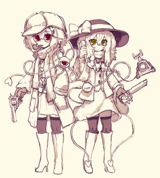 Rule 34 | 2girls, antique phone, boots, buttons, coat, commentary, deerstalker, detective, diamond button, eyeball, fingerless gloves, gloves, green eyes, gun, hand in pocket, handgun, hat, heart, heart-shaped pupils, heart button, high heel boots, high heels, highres, holding, holding gun, holding knife, holding phone, holding weapon, knee boots, knife, komeiji koishi, komeiji satori, korean commentary, long hair, long sleeves, monochrome, multiple girls, open clothes, open coat, phone, rampa93, red ribbon, ribbon, rotary phone, shirt, siblings, sisters, skirt, smoking pipe, smoking pipe in mouth, spot color, symbol-shaped pupils, thighhighs, third eye, touhou, weapon, wide sleeves, yellow theme