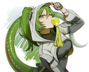 1girl arknights arknights:_endfield blowing_bubble_gum bodysuit breasts chewing_gum commentary fingerless_gloves fluorite_(arknights) gloves green_eyes green_hair grey_bodysuit hair_between_eyes highres hood hood_up long_hair long_sleeves looking_at_viewer misg1111 ponytail shrug_(clothing) snake_girl snake_tail solo symbol-only_commentary tail upper_body white_background white_shrug