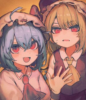 2girls absurdres ameshi_(rzuw4482) ascot blonde_hair blue_hair blush collared_shirt commentary_request crystal crystal_wings fang flandre_scarlet hair_between_eyes hat hat_ribbon highres looking_at_viewer mob_cap multiple_girls open_mouth red_ascot red_eyes red_skirt red_vest remilia_scarlet ribbon shirt siblings sisters skin_fang skirt skirt_set smile sweatdrop touhou upper_body vest waving white_hat white_shirt wings yellow_ascot yellow_background