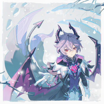 Rule 34 | 1boy, absurdres, autumnlll, bare tree, black coat, black shirt, border, coat, commentary request, cowboy shot, dragon boy, dragon horns, dragon tail, dragon wings, feet out of frame, footprints, genshin impact, gloves, hand up, highres, horns, long sleeves, looking at viewer, male focus, mandarin collar, mini durin (genshin impact), mini durin (human) (genshin impact), outdoors, pants, parted lips, purple coat, purple hair, purple vest, red eyes, shirt, short hair, snow, solo, tail, tailcoat, tree, two-sided coat, two-sided fabric, vest, white border, white gloves, white pants, wings