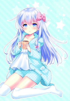 1girl alternate_costume blue_background blue_eyes blue_hair blue_jacket blue_shorts blush bow camisole collarbone commentary_request cup fluffy_clothes full_body hair_between_eyes hair_bow hibiki_(kancolle) highres holding holding_cup jacket kantai_collection long_sidelocks long_sleeves looking_at_viewer motohara_moka mug outline parted_lips pink_bow polka_dot polka_dot_jacket polka_dot_shorts short_shorts shorts sidelocks simple_background sitting skindentation solo spaghetti_strap star_(symbol) star_symbol_background striped_clothes thighhighs thighs white_camisole white_outline white_thighhighs