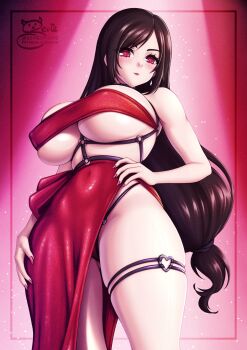 1girl bare_hips blush breasts brown_hair dress final_fantasy final_fantasy_vii from_below hand_on_own_hip hand_on_own_thigh highres huge_breasts long_hair looking_at_viewer open_mouth red_dress red_eyes sevie skindentation strap thick_thighs thigh_strap thighs tifa_lockhart